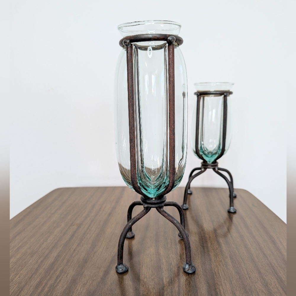 Pair Of Blown Caged Glass & Wrought Iron Metal Footed Vases Industrial Brutalist - Picture 7 of 14